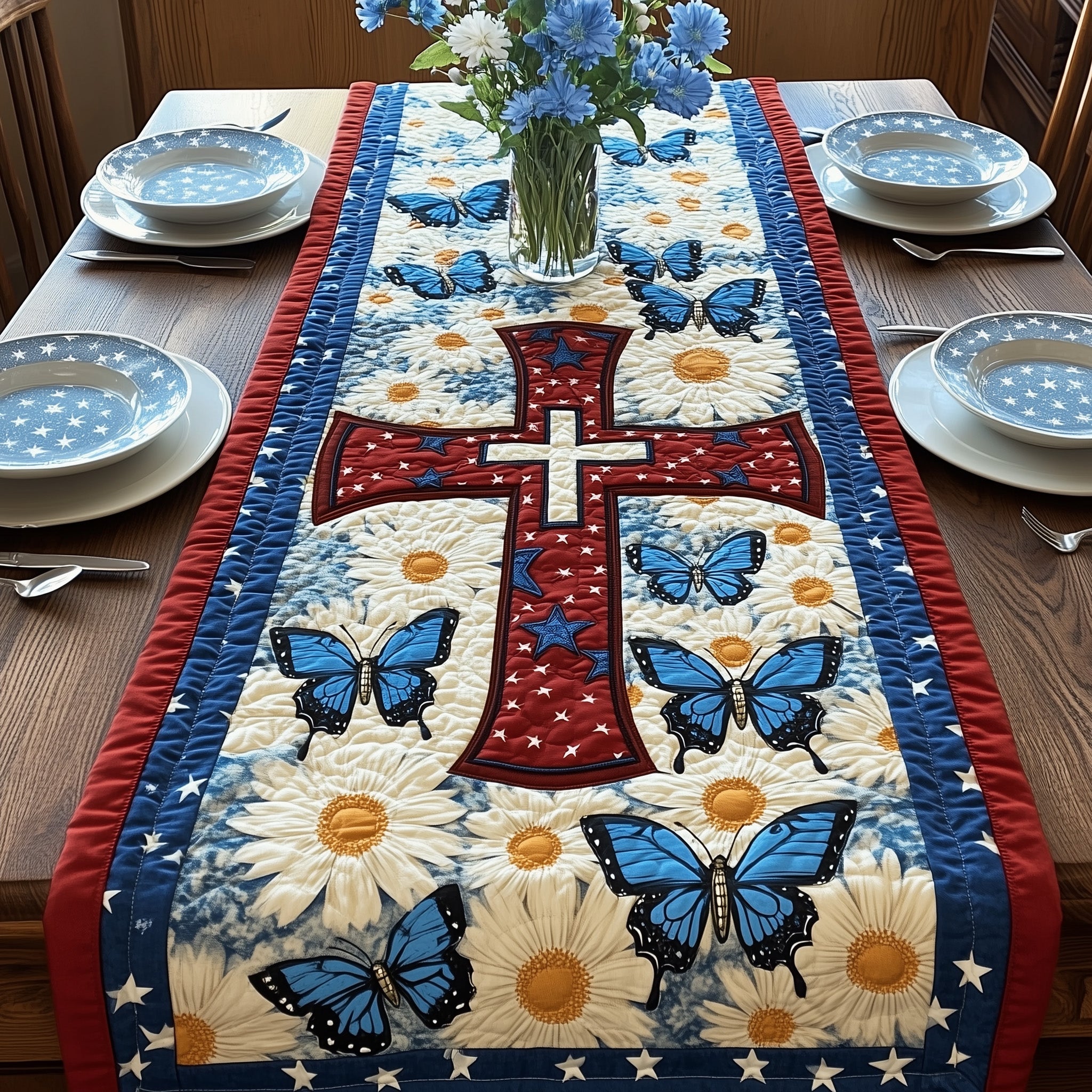 Old Glory Cross Quilted Table Runner Christmas Table Runner Gift Idea