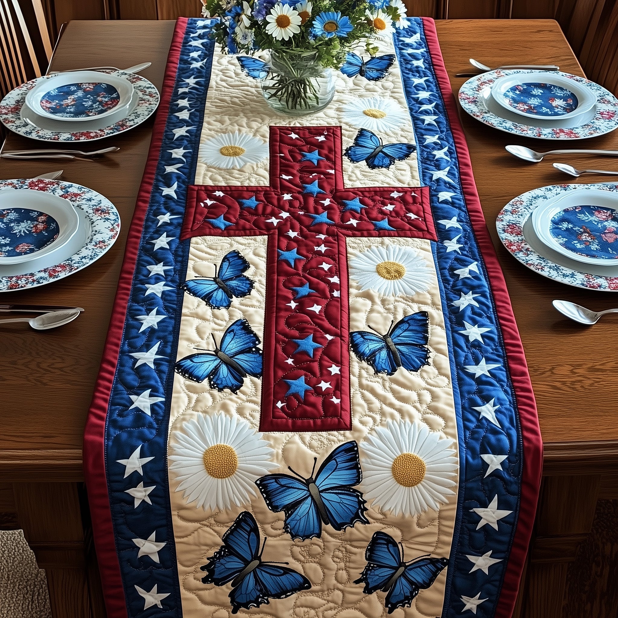 Old Glory Cross Quilted Table Runner Holiday Season Table Runner