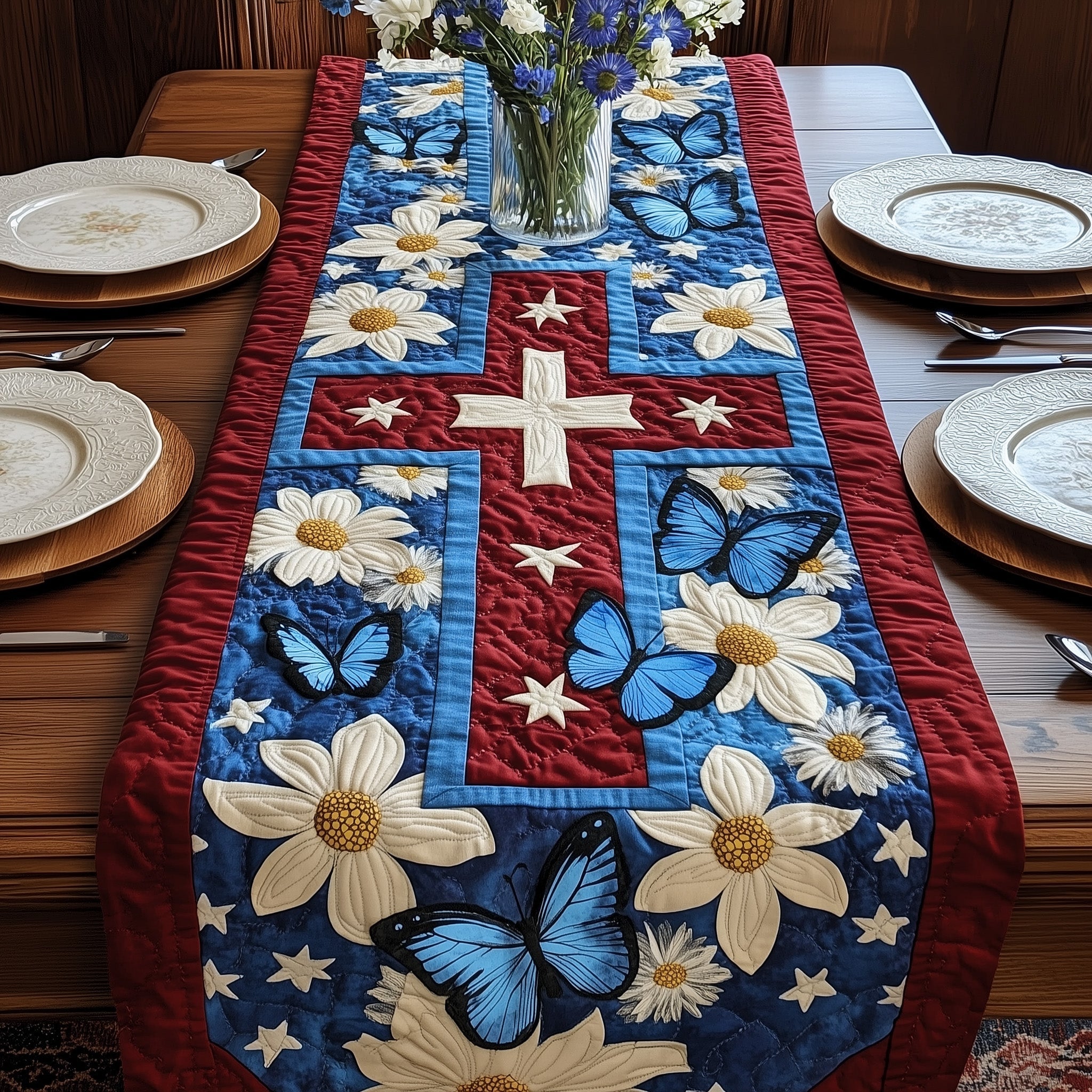 Old Glory Cross Quilted Table Runner Table Runner for Holiday Gatherings