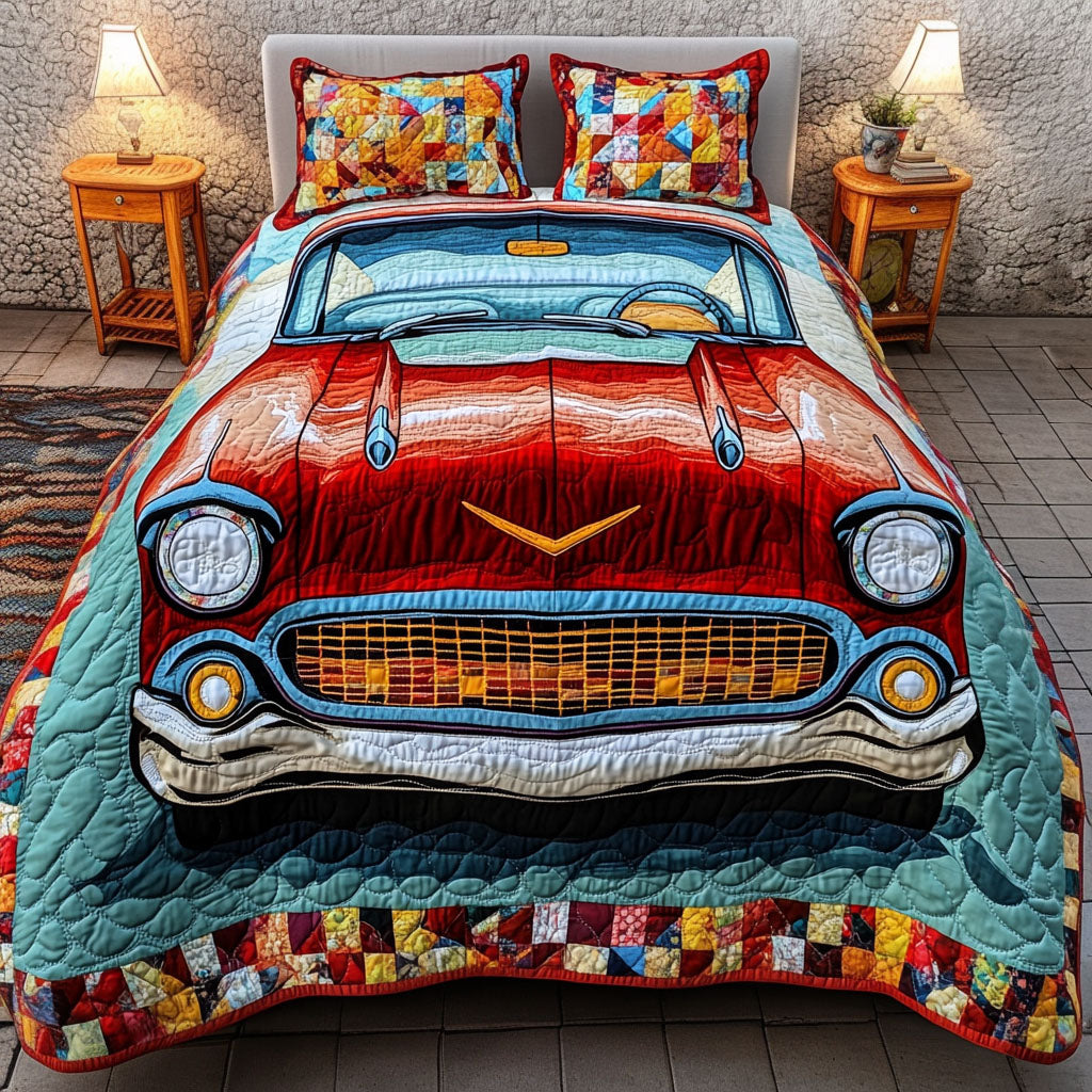 Old School Roadster Quilted Bedding Set Bed Decorations Hippie Gifts For Mom