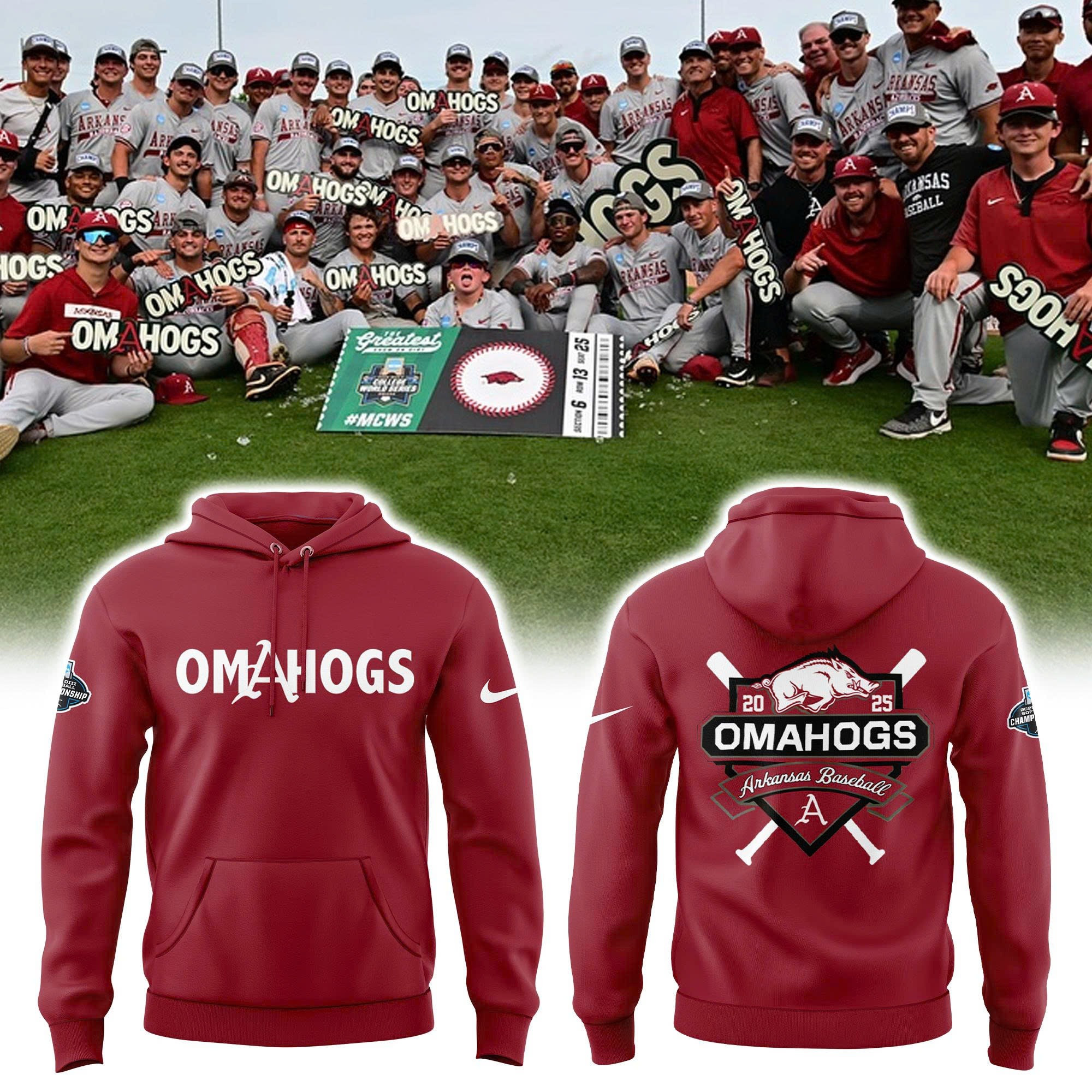 Omahogs 2025 Merch Arkansas Razorback Hoodie Baseball Razorback Fan Gear Clothing