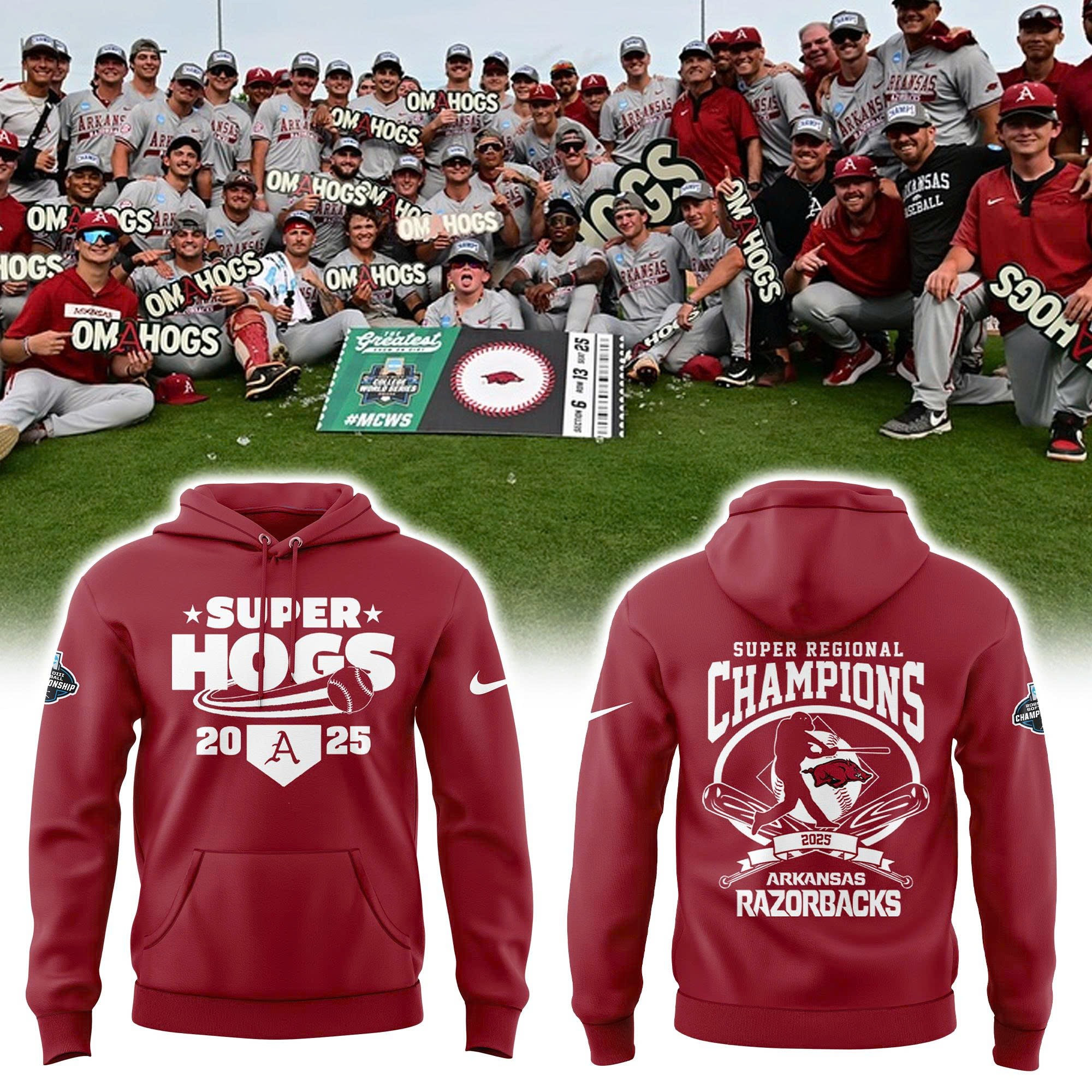 Omahogs 2025 Merch Arkansas Razorback Hoodie Super Regional Champions Super Hogs Fan Gifts