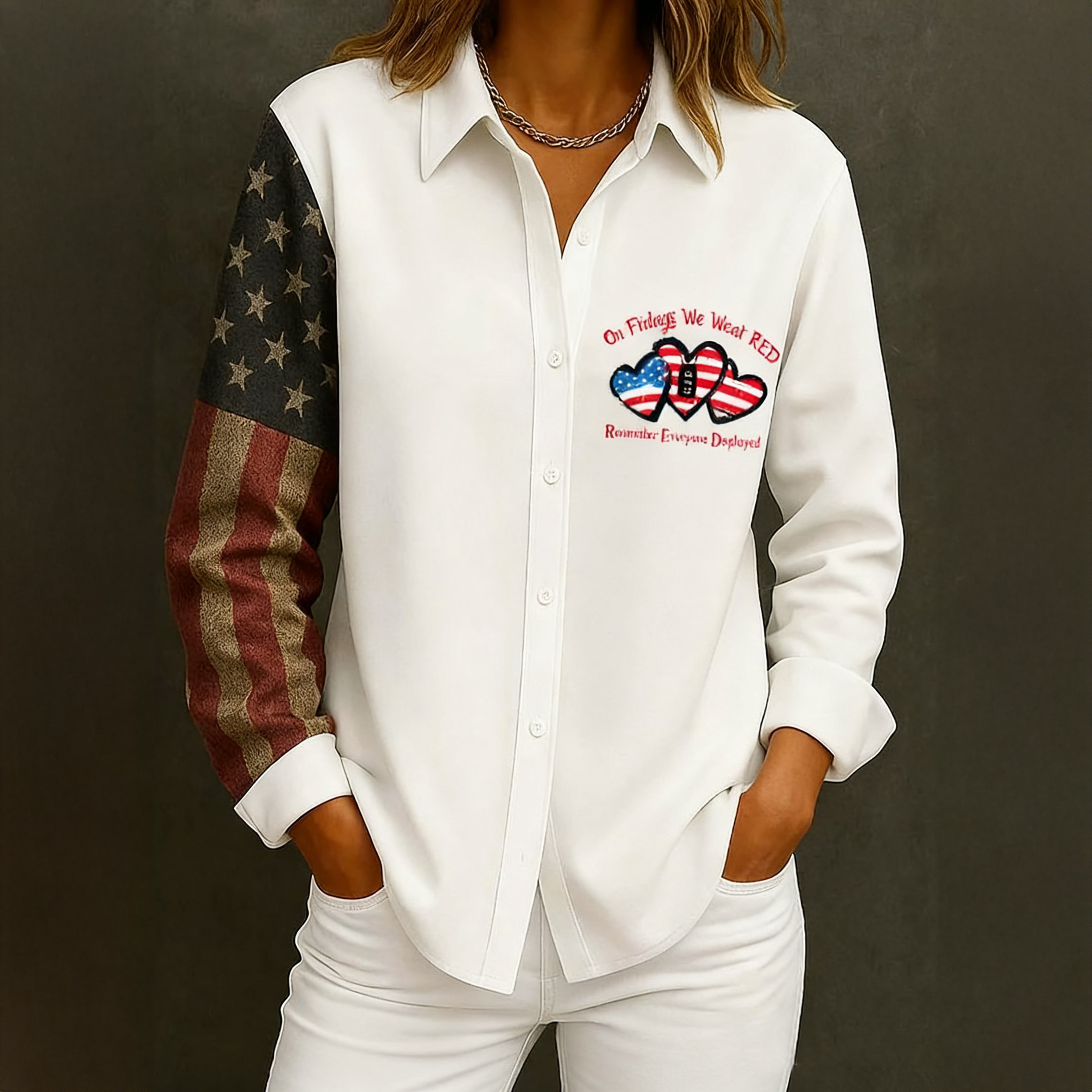 On Friday We Wear Red Button Up Long Sleeve Shirt Red Friday Clothing Veteran Themed Gift