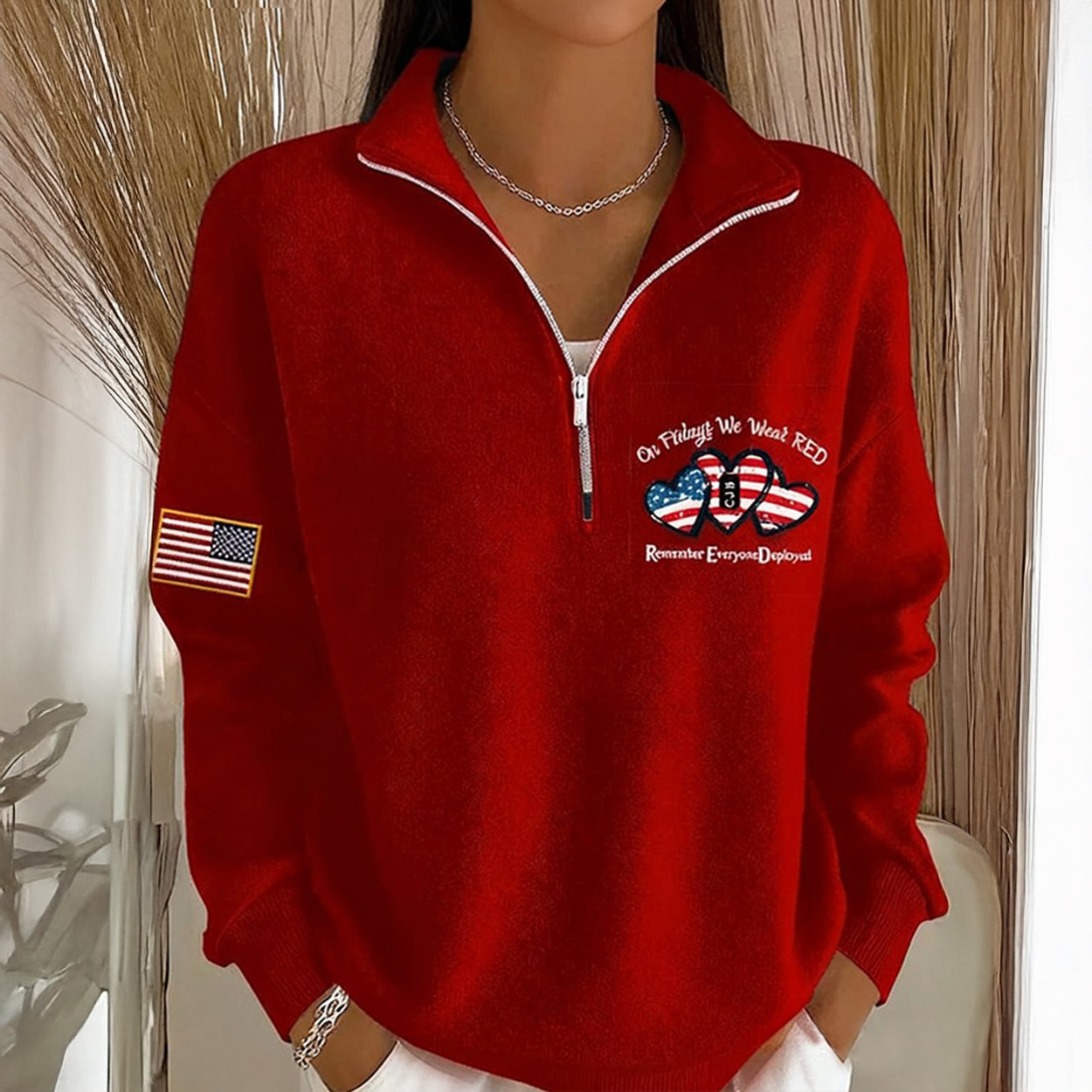 On Friday We Wear Red Zip Sweatshirt Military Appreciation Month Merch Present Idea For Patriots