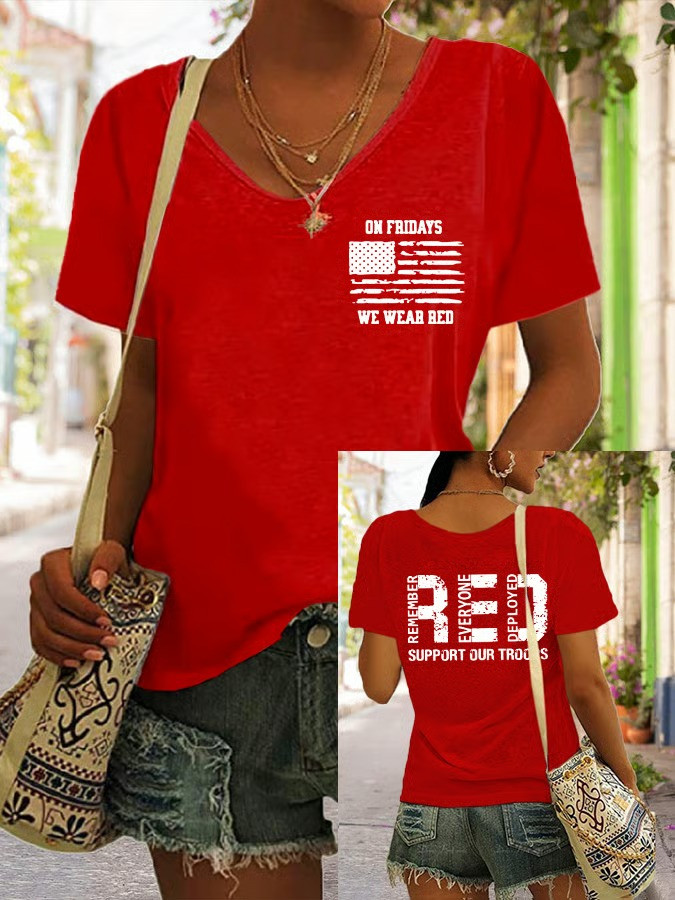 On Fridays We Wear Red V-Neck Shirt Support Our Troops Two Sided Military Shirt Best Gift For Veterans