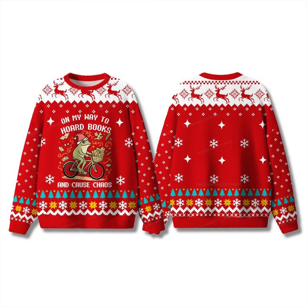 On My Way To Hoard Books And Cause Chaos Frog And Toad Ugly Sweater Gifts For Friends