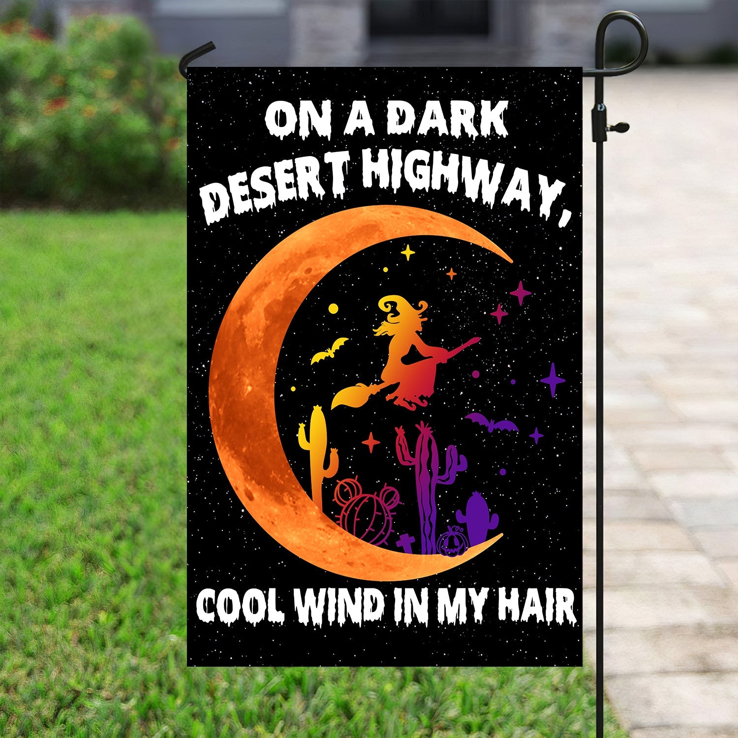 On The Dark Desert Halloween Flag Highway Cool Wind In My Hair Halloween Flag For Witch Fans