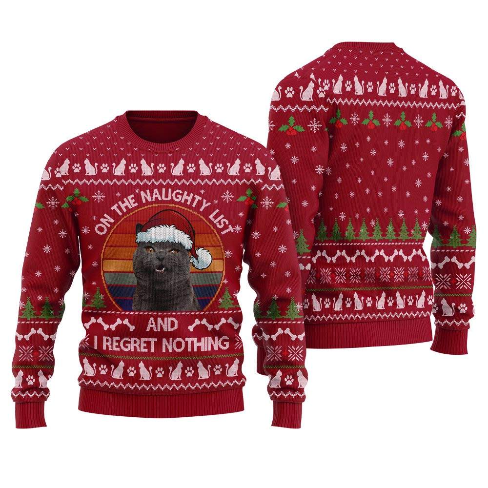 On The Naughty List Custom Cat Ugly Christmas Sweater Cardinal Red Christmas Vacation Sweater