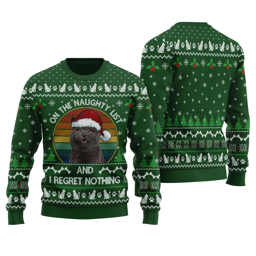 On The Naughty List Custom Cat Ugly Christmas Sweater Forest Green Ugly Christmas Sweater For Men