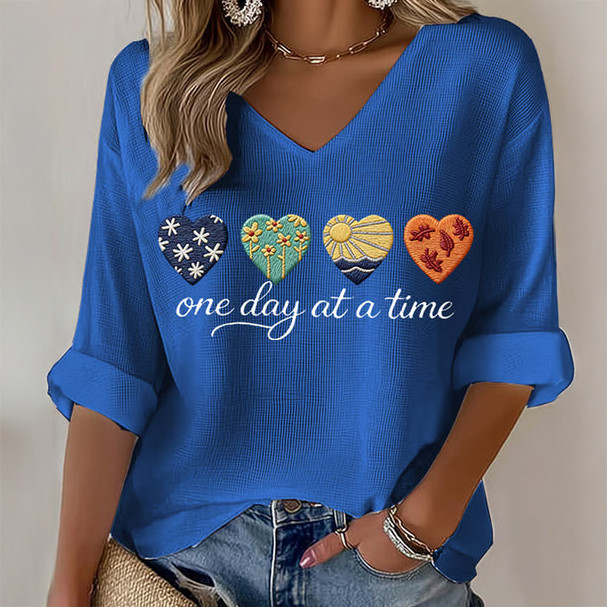 One Day At A Time V-Neck Long Sleeve Shirt Faith Based Apparel Gift For Wife Birthday