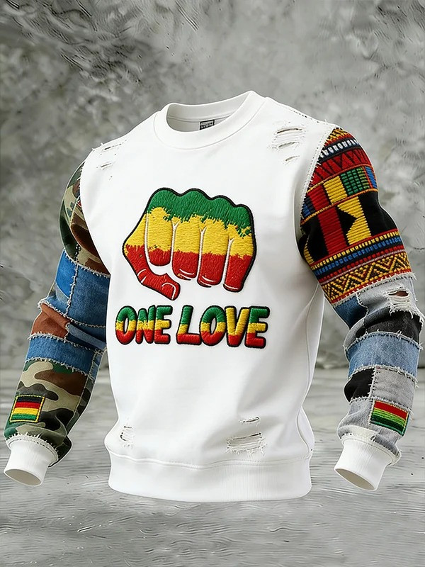 One Love Fist Camo Sweatshirt Men Patchwork Art Unity Graphic Clothing Best Gift For Men