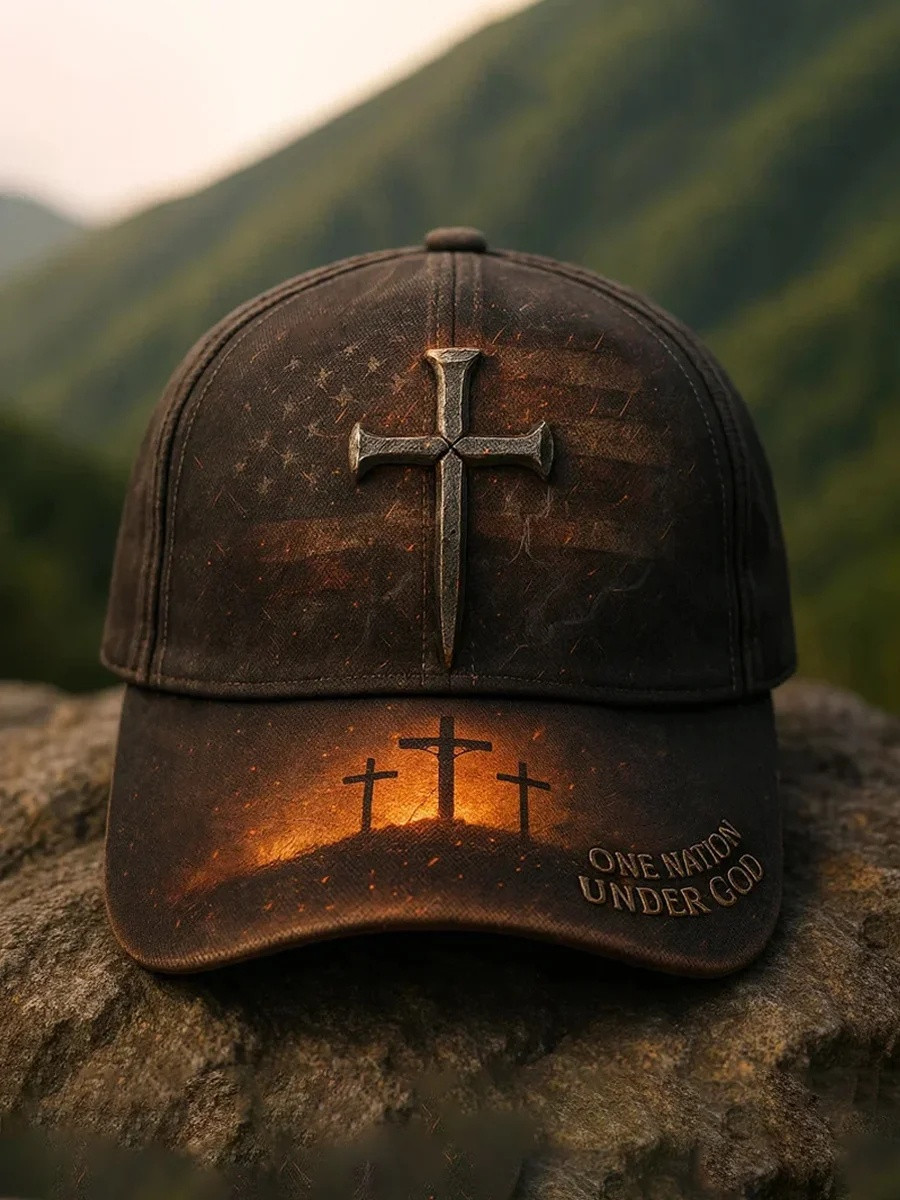 One Nation Under God Nail Cross American Patriot Baseball Hat Christian Gift For Believers