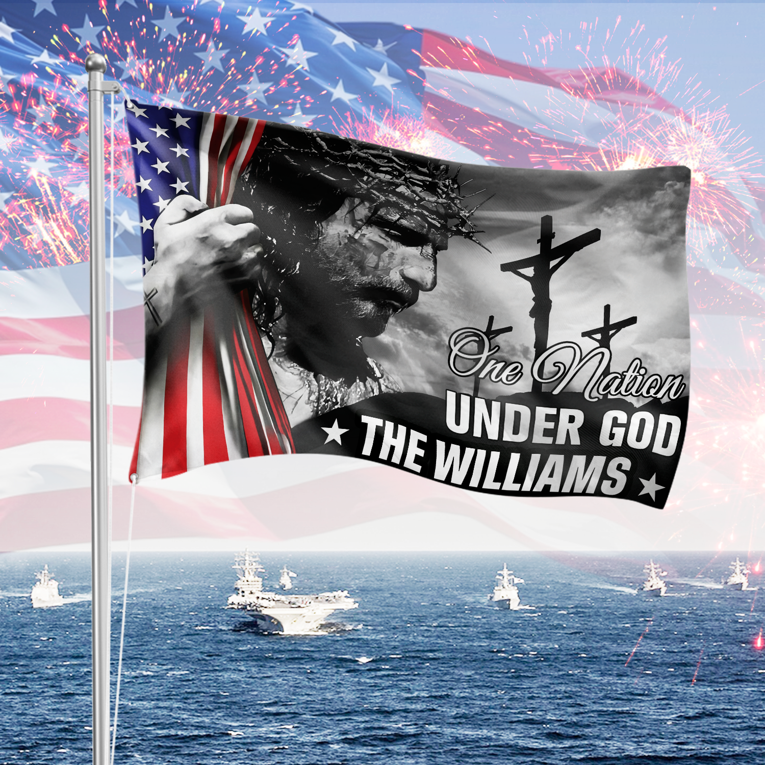 One Nation Under God With Family Name - Personalized Banner House Flag America 250 Merchandise Patriotic Presents