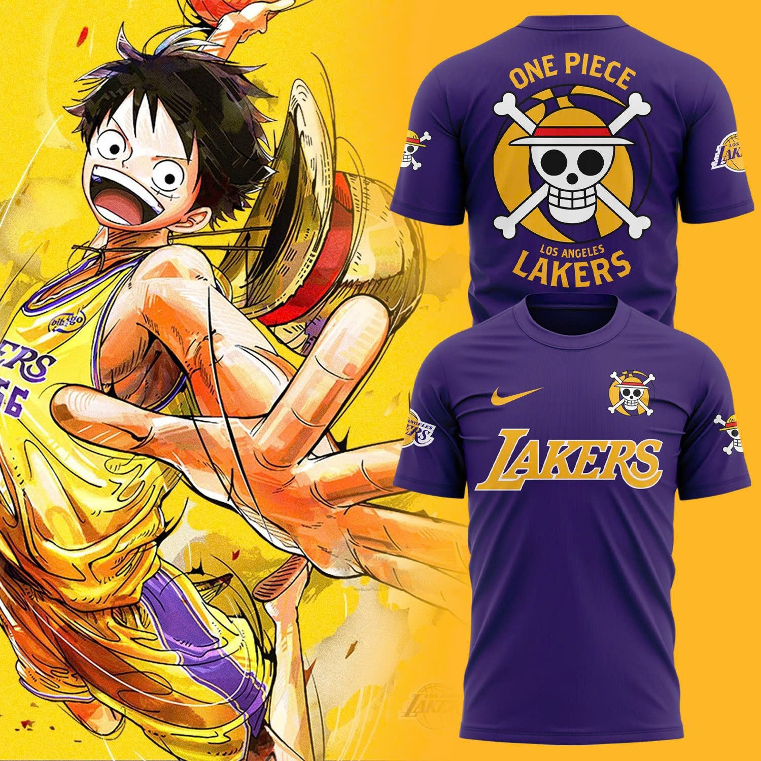 One Piece And Los Angeles Lakers T-Shirt Cool Gifts For Basketball Lovers