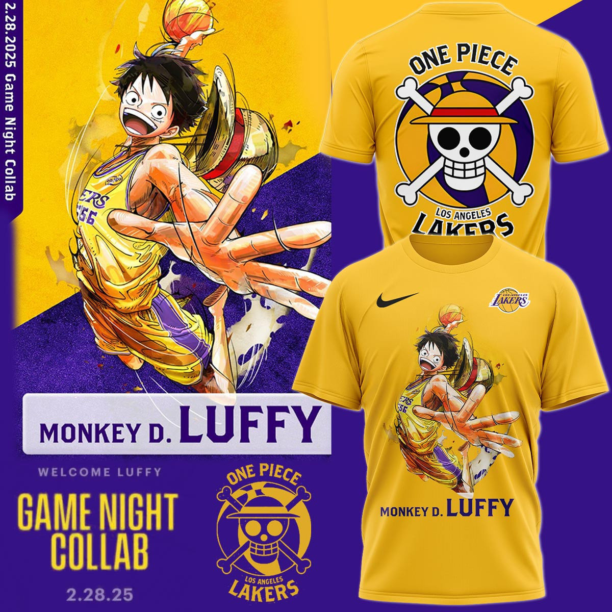 One Piece Monkey D Luffy Los Angeles Lakers T-Shirt Presents For Basketball Fans