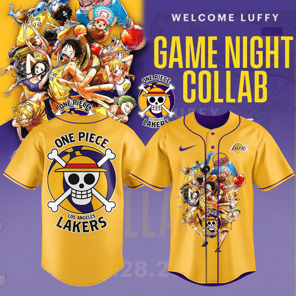 One Piece X Los Angeles Lakers Baseball Jersey Gift For Basketball Lover