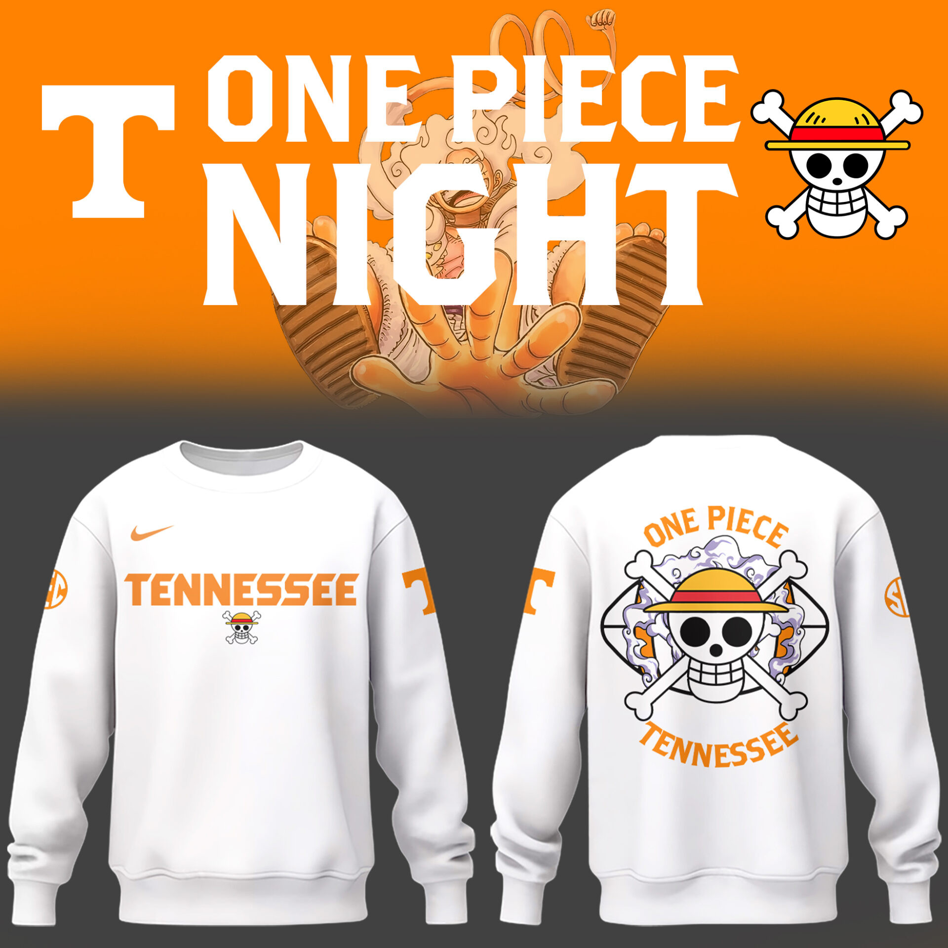 One Piece x Tennessee Volunteers Sweatshirt Game Day Clothing One Piece Lover Gift Idea