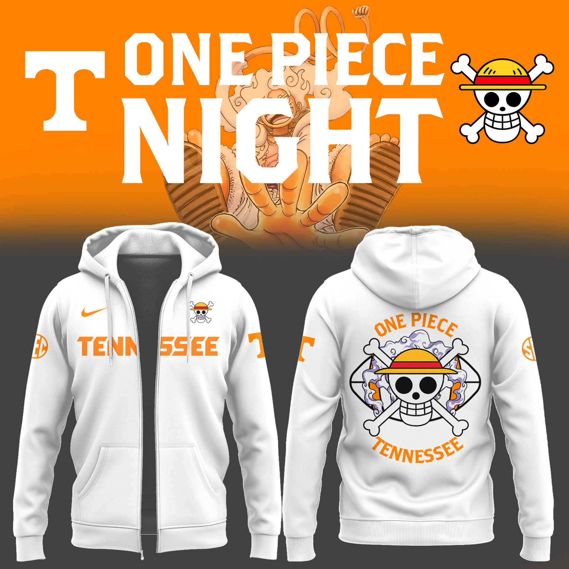 One Piece x Tennessee Zip Hoodie Tennessee Volunteers Apparel Gift For Anime Lovers