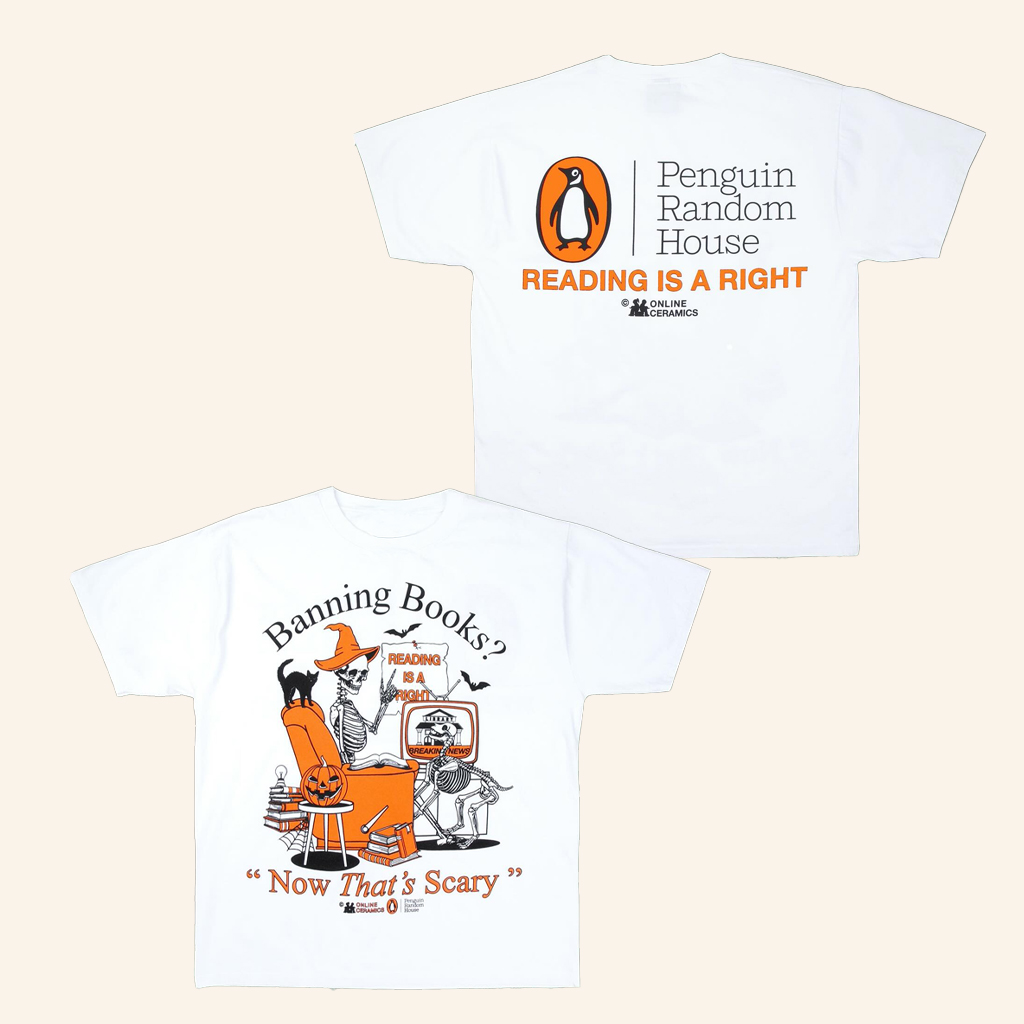 Online Ceramics Merch Penguin Random House Banning Books Now That's Scary White T-Shirt