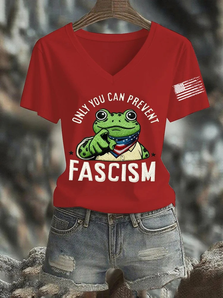 Only You Can Prevent Fascism V-Neck Shirt Portland Frog Merch Anti Fascist Protest Merch