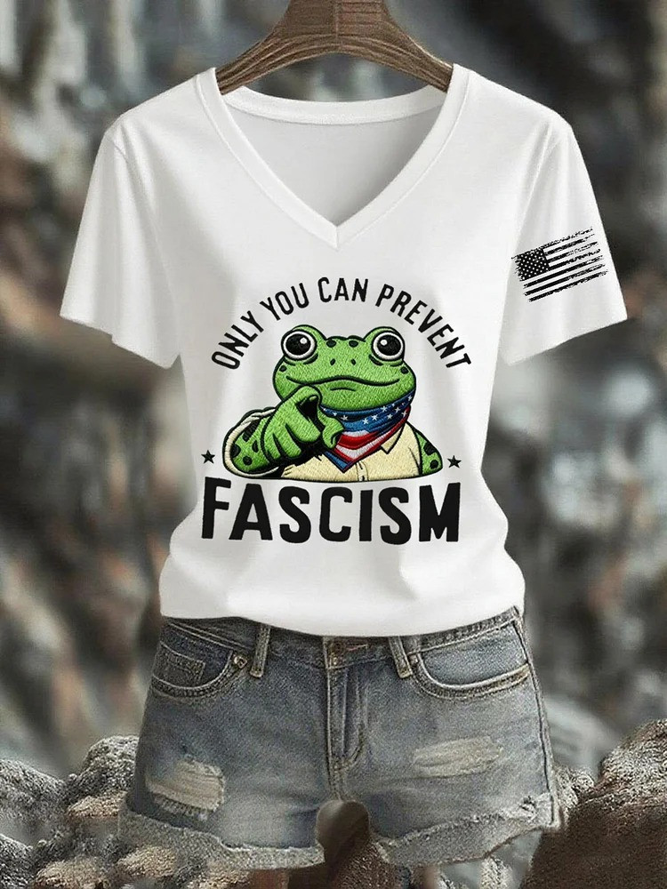 Only You Can Prevent Fascism V-Neck Shirt Portland Frog Merch Antifa Protest Merch
