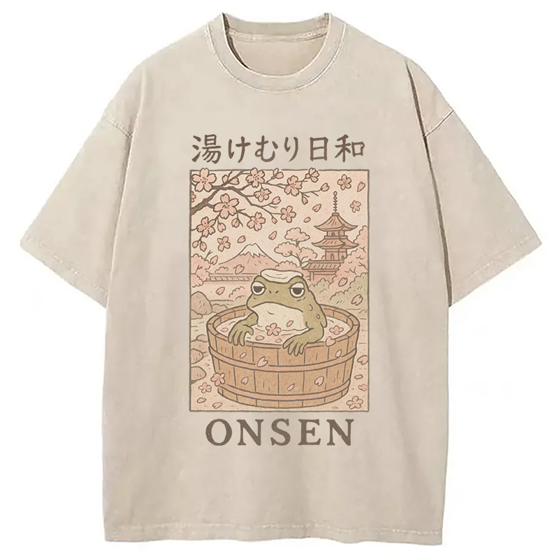 Onsen Frog Japanese Washed T-Shirt Unique Aesthetic Fashion Tee Gifts For Him Onsen Frog Japanese Washed T-Shirt Unique Aesthetic Fashion Tee Gifts For Him