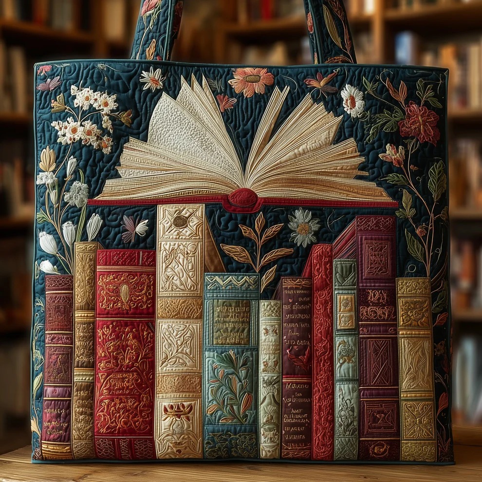 Open Book Wildflower Library Quilted Tote Bag Bookworm Literary Reader Seasonal Floral Gift For Her