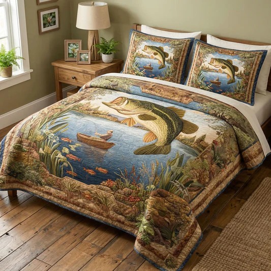 Open Waters Quilted Bedding Set Fishing Lake Bedroom Decor Cozy Home Gift For Boat Lovers