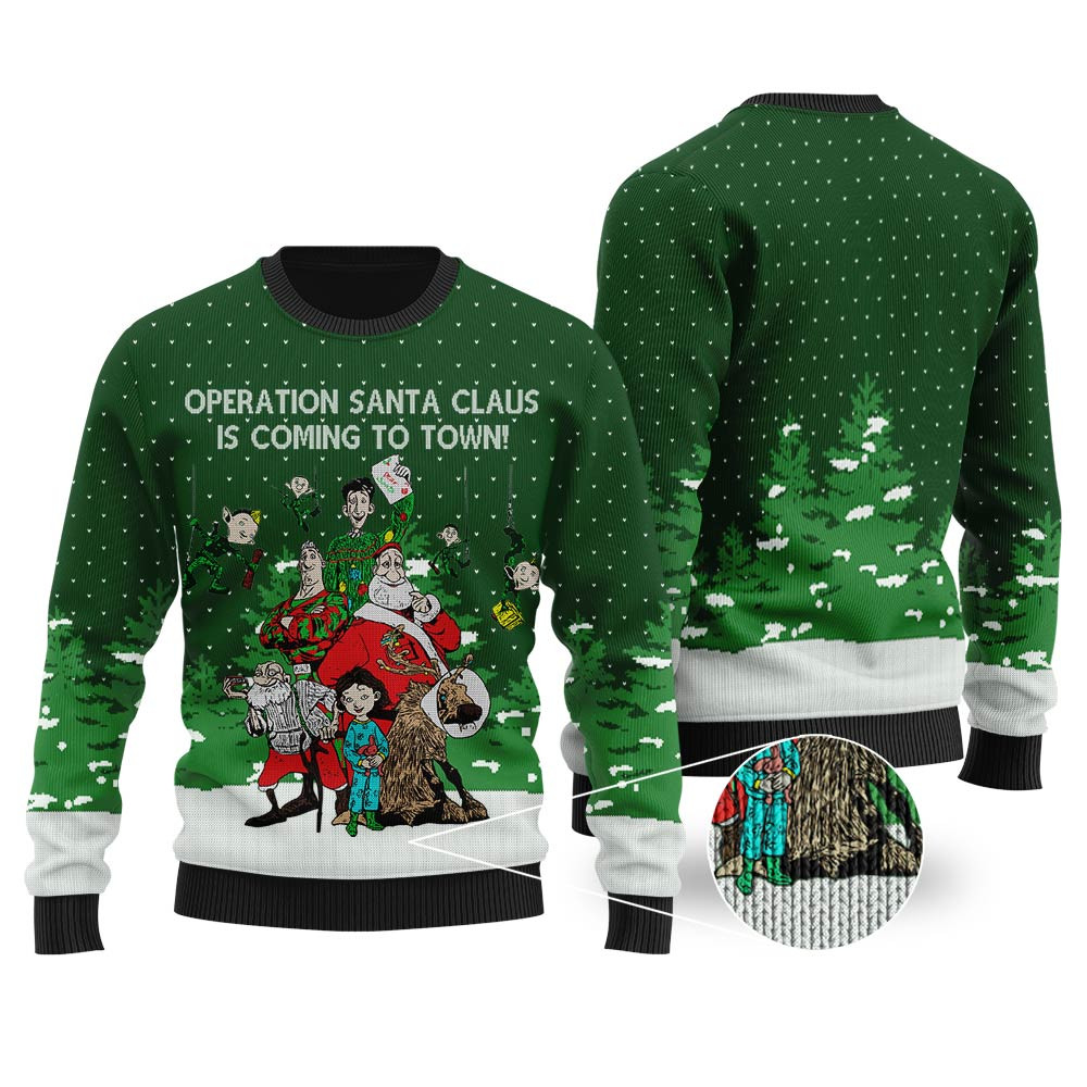 Operation Santa Claus Arthur Christmas Ugly Christmas Sweater Forest Green Unique Holiday Sweater Gift Idea for Loved Ones