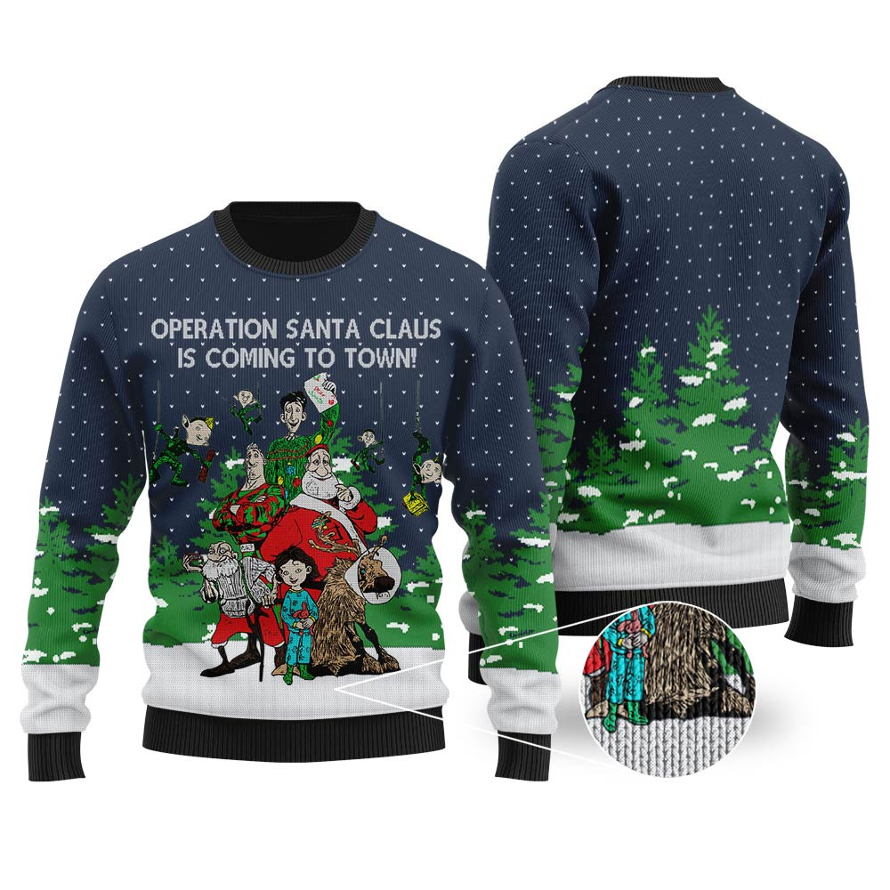Operation Santa Claus Arthur Christmas Ugly Christmas Sweater Navy Best Gift Idea for Christmas Enthusiasts