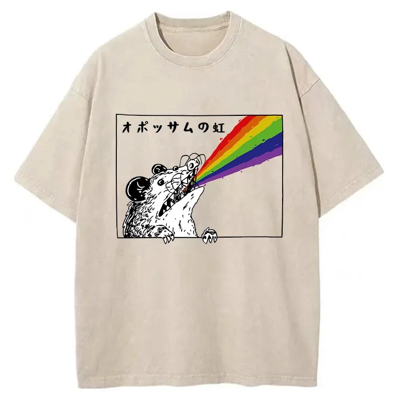Opossum Rainbow Washed T-Shirt Cool Urban Street Style Shirt Gifts For Her