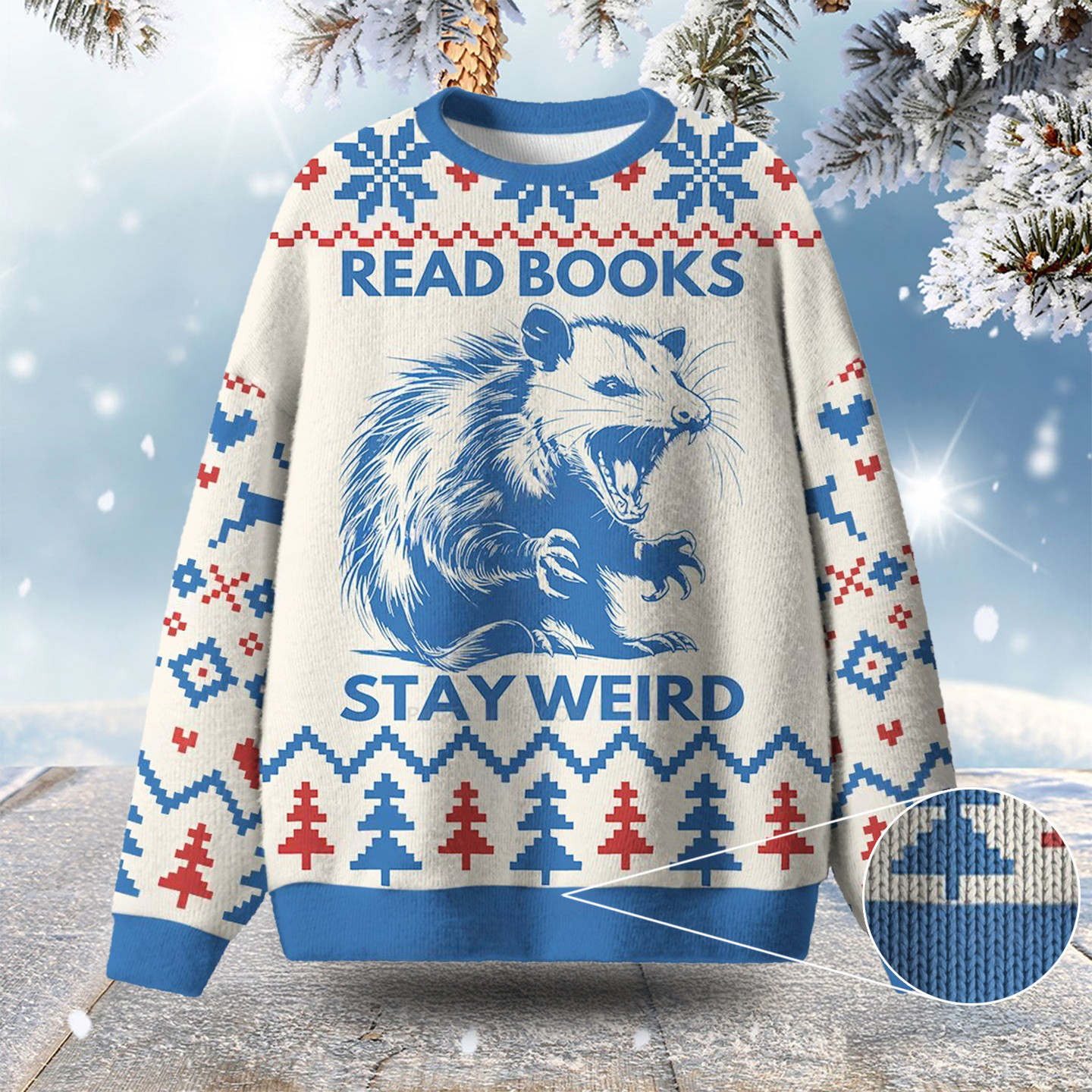 Opossum Read Books Stay Weird Ugly Christmas Sweater Animal Clothing Xmas Gifts For Her
