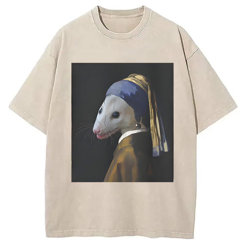 Opossum with Pearl Earring Washed T-Shirt Funny Graphic Gift For Friends Gifts For Sister