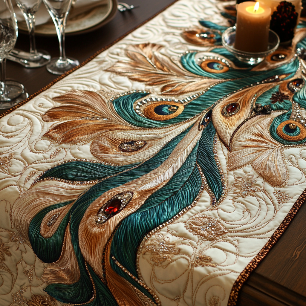 Opulent Peacock Quilted Table Runner Dining Room Decor Gifts For Peacock Lover