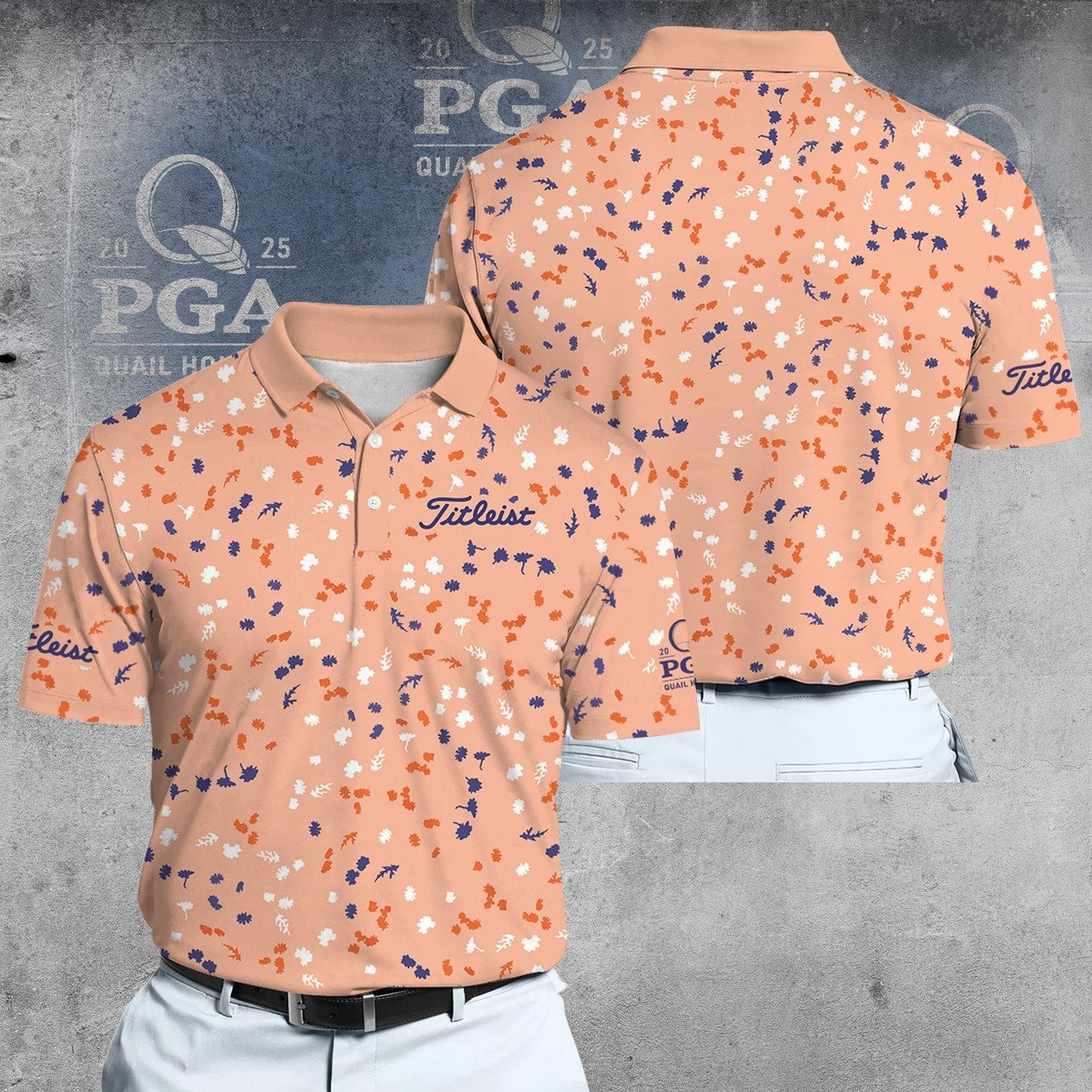 Orange 2025 PGA Micro Floral Men Polo Shirt Good Gifts For Golfers