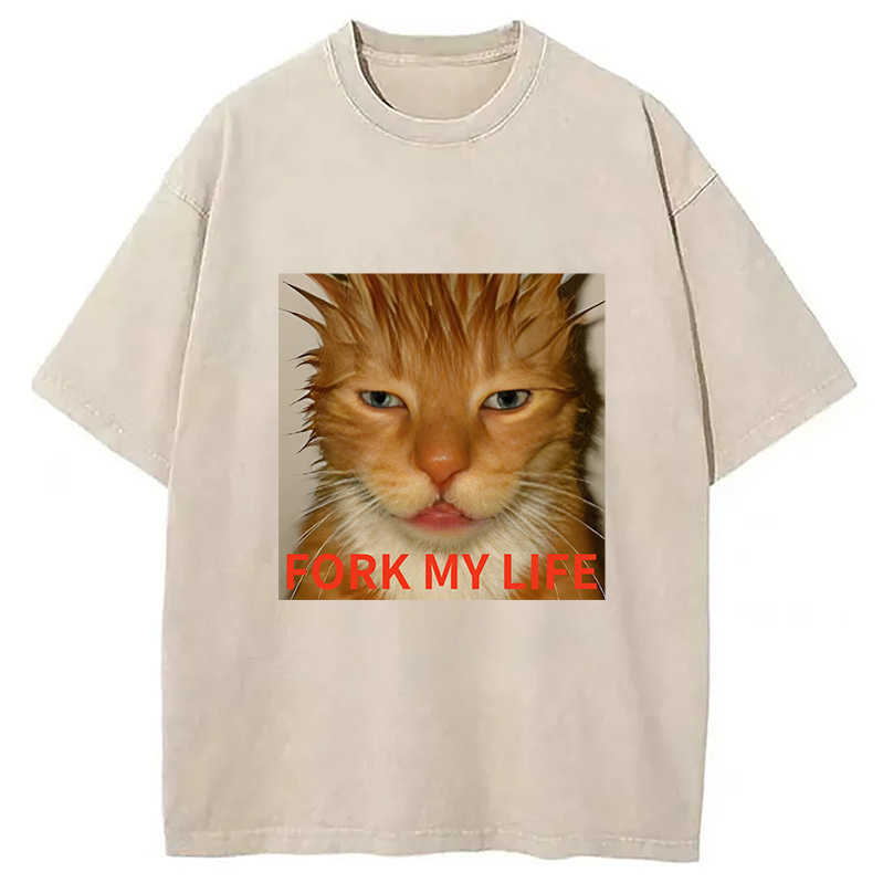 Orange Cat Fork My Life Washed T-Shirt Retro Streetwear Graphic Top Gifts For Besties