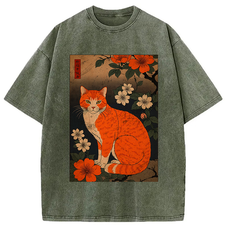 Orange Cat Japanese Art Washed T-Shirt Soft Cotton Daily Wear Tee Gifts For Brother