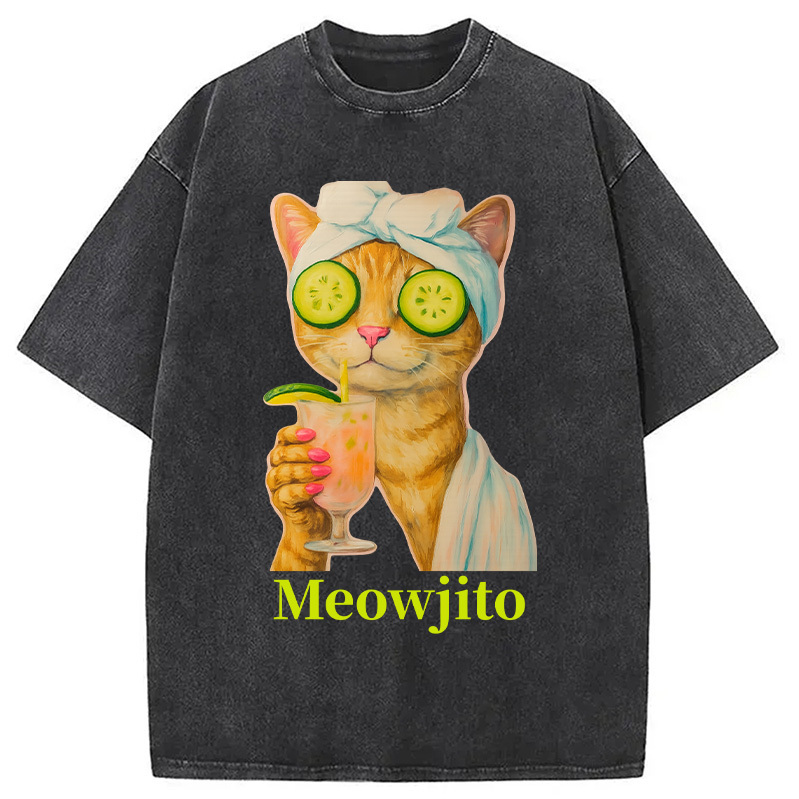 Orange Cat Meowjito Washed T-Shirt Unisex Streetwear Graphic Style Gifts For Best Friend Orange Cat Meowjito Washed T-Shirt Unisex Streetwear Graphic Style Gifts For Best Friend