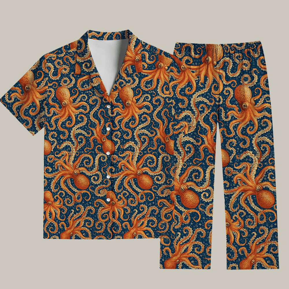 Orange Gold Octopus Pajama Set Cute Xmas Clothing Christmas Presents For Her