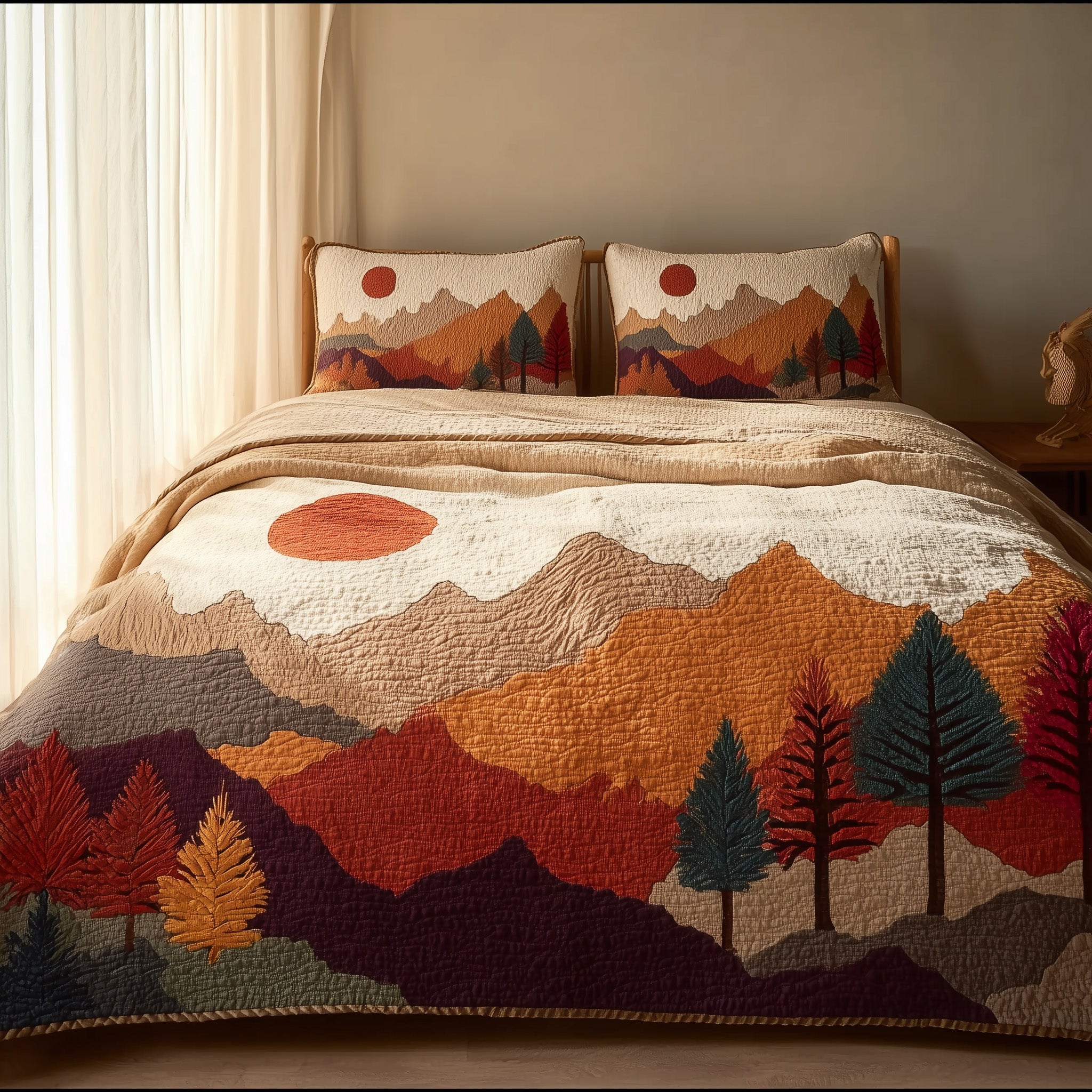 Orange Landscpe Quilted Bedding Set Duvet Cover Bedspread Autumn Gifts For Friends