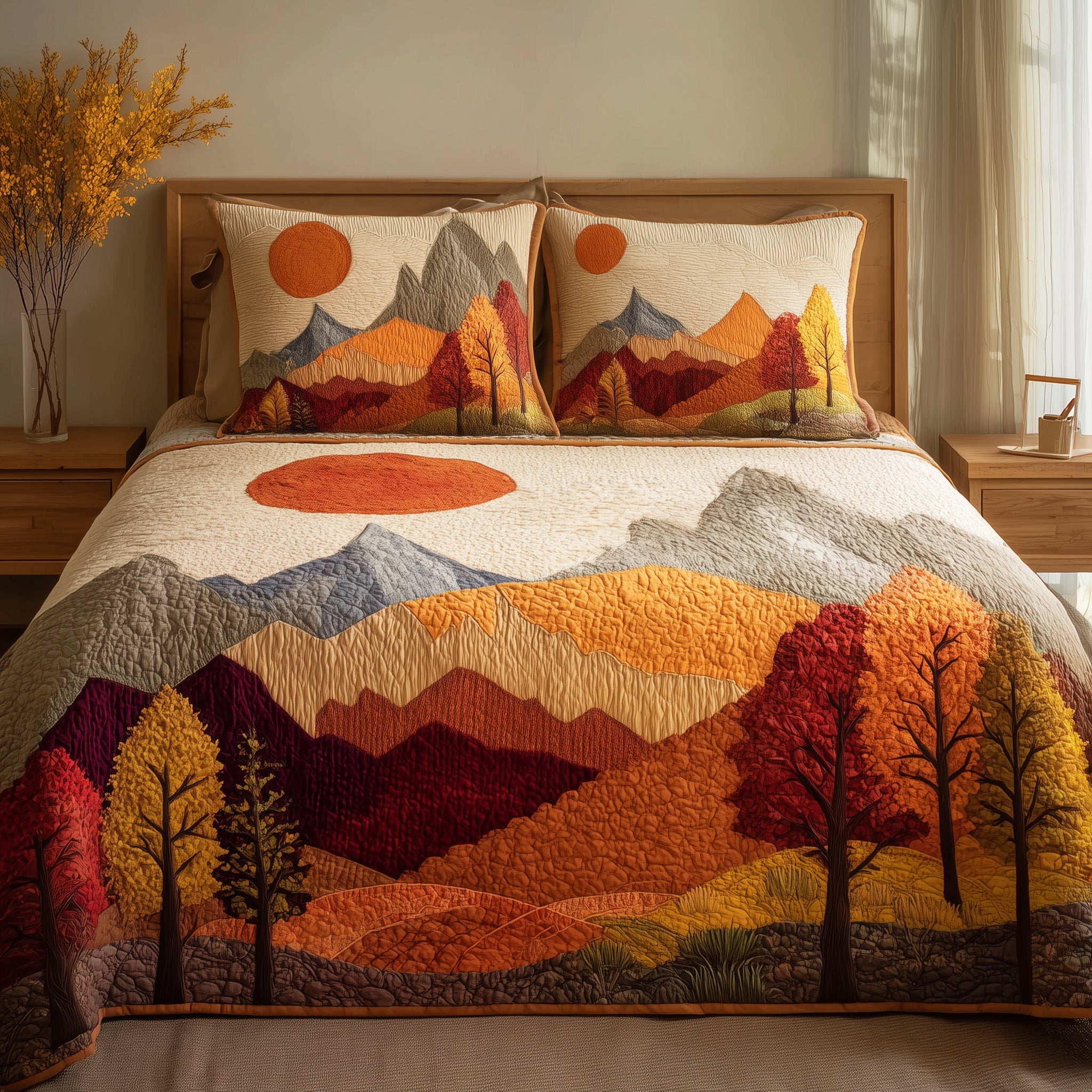 Orange Landscpe Quilted Bedding Set Holiday Gift