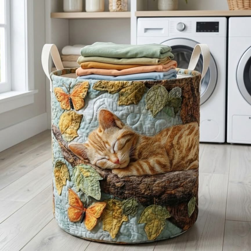 Orange Tabby Autumn Tree Quilted Laundry Basket Nature Cat Lover Decor Best Gift For Cat Lovers