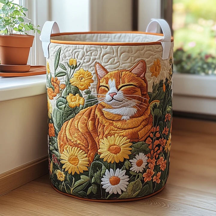 Orange Tabby Cat Quilted Laundry Basket Floral Garden Storage Bin Best Gift For Cat Moms