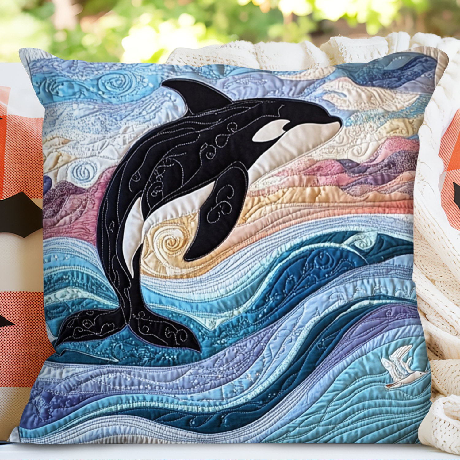 Orca Grace Quilted Pillow Case Ocean Blue Throw Pillows Gift For Whale Lover
