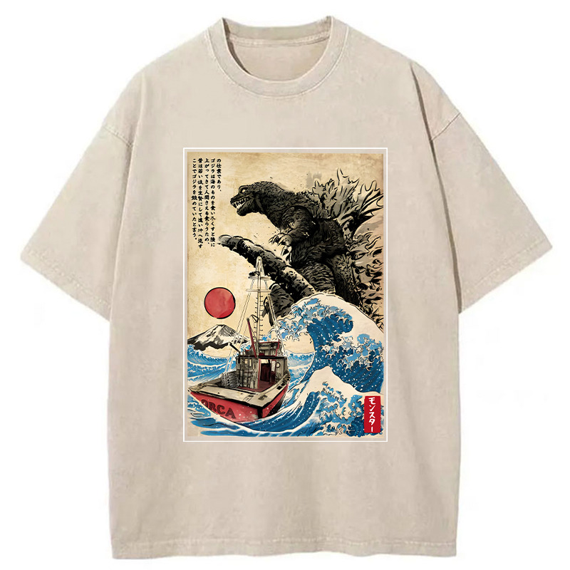 Orca in Japan Wave Washed T-Shirt Soft Comfortable Daily T Shirt Gifts For Sister