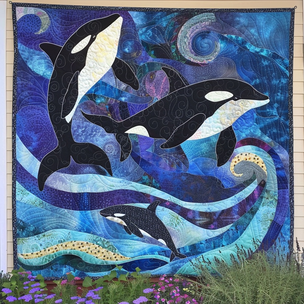 Orca Pod Ocean Quilted Blanket Killer Whale Wave Art Throw Best Gift For Orca Lover Marine Wildlife Fan
