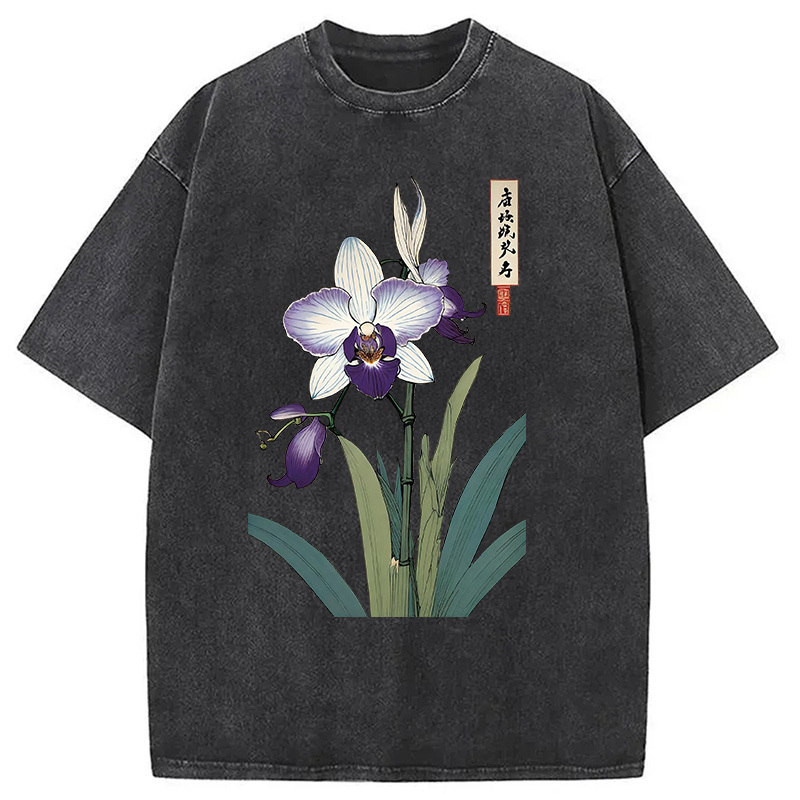Orchid Ukiyo-e Japanese Washed T-Shirt Unisex Streetwear Graphic Style Gifts For Best Friend