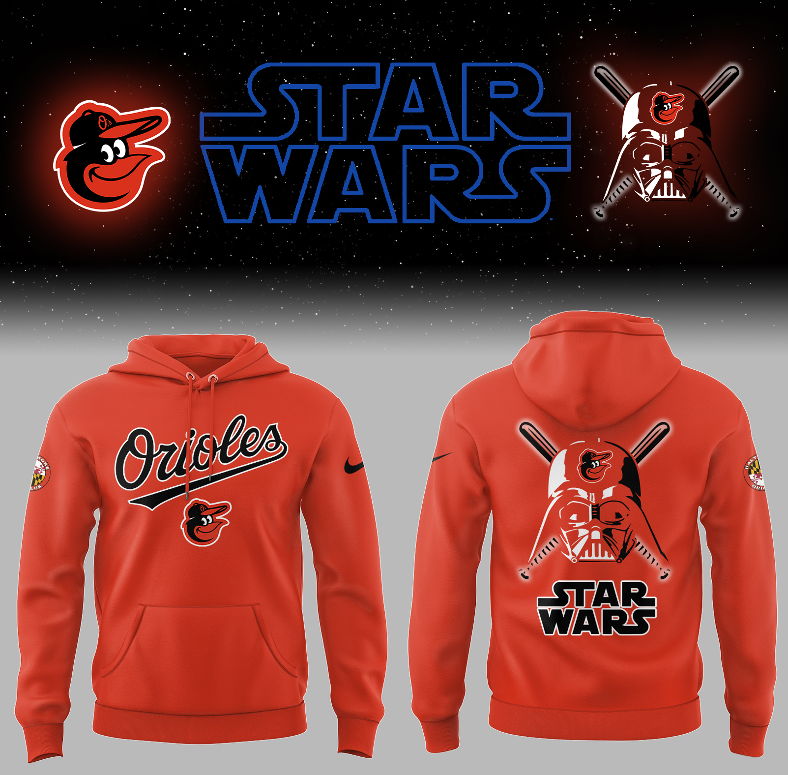 Orioles Baseball 2025 Orioles x Star Wars Orange Hoodie Baseball Father's Day Gifts