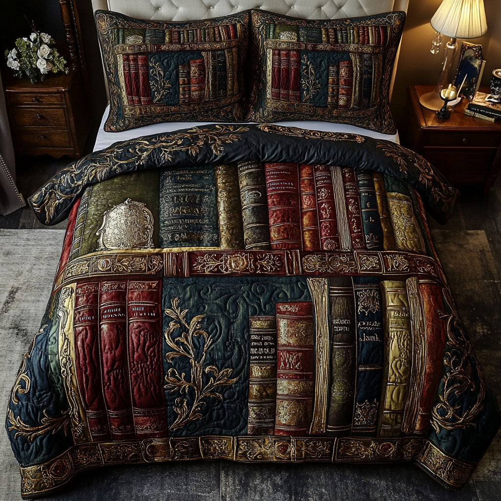 Ornate Bookshelf Slumber Quilted Bedding Set Cool Bedroom Decor Book Themed Gift Items