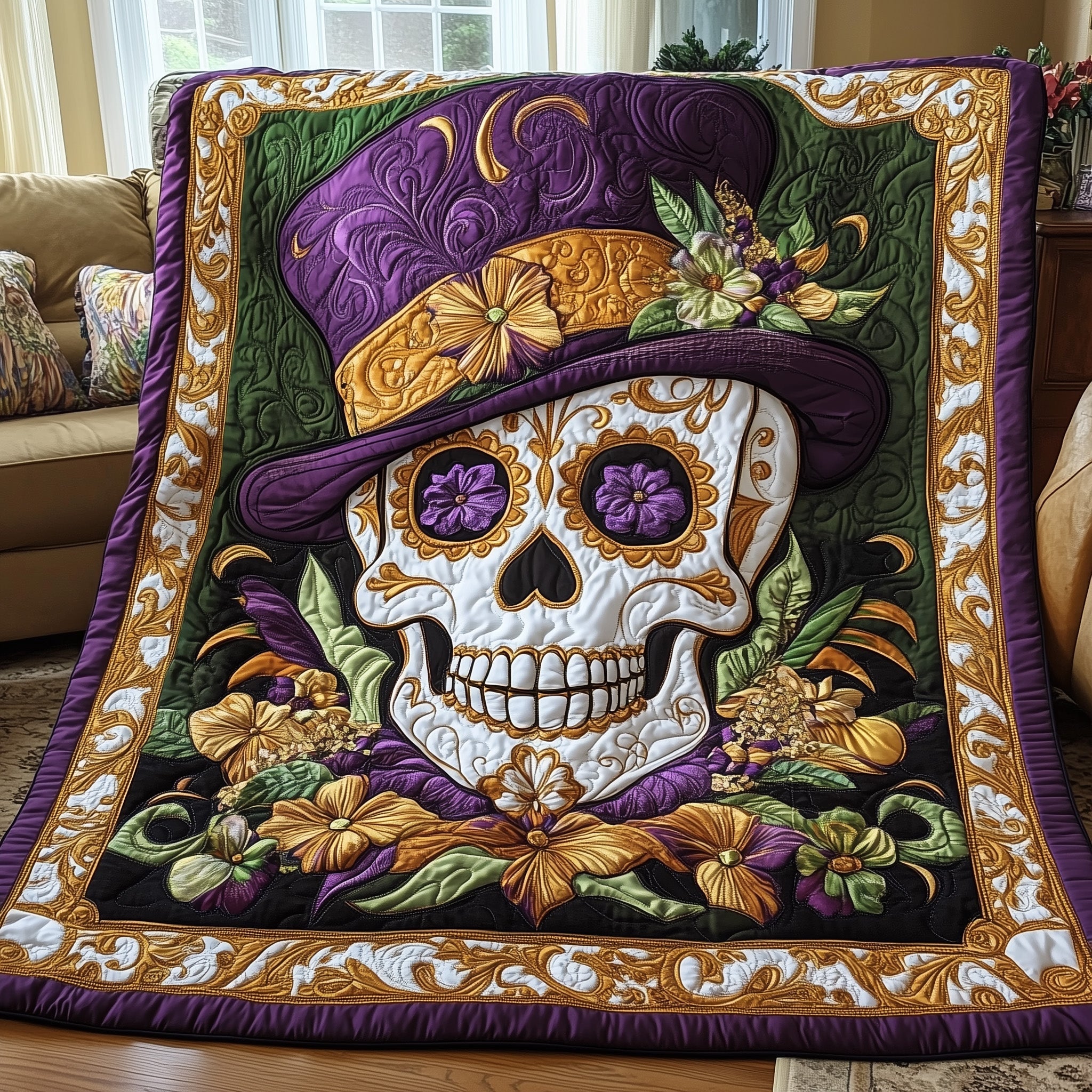 Ornate Skull Fantasy Quilted Blanket Cute Bed BlanketMardi Gras King Gifts